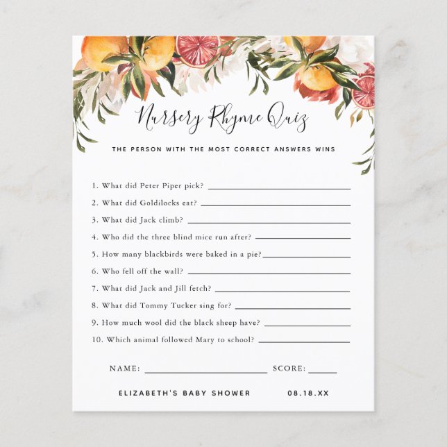 Lámina Prueba Nursery Rhyme | Juego Baby Shower (Anverso)