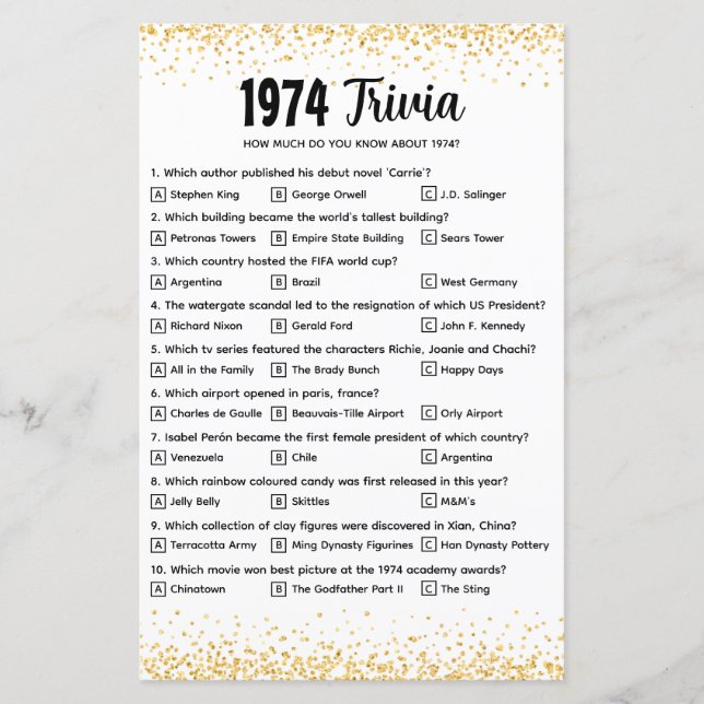 Lámina Prueba Trivia personalizada de 1974 para Boda de o (Anverso)