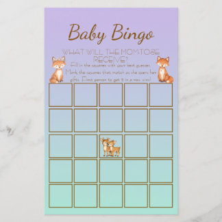 Lámina Purple and Mint Woodland Animal Baby Shower Bingo