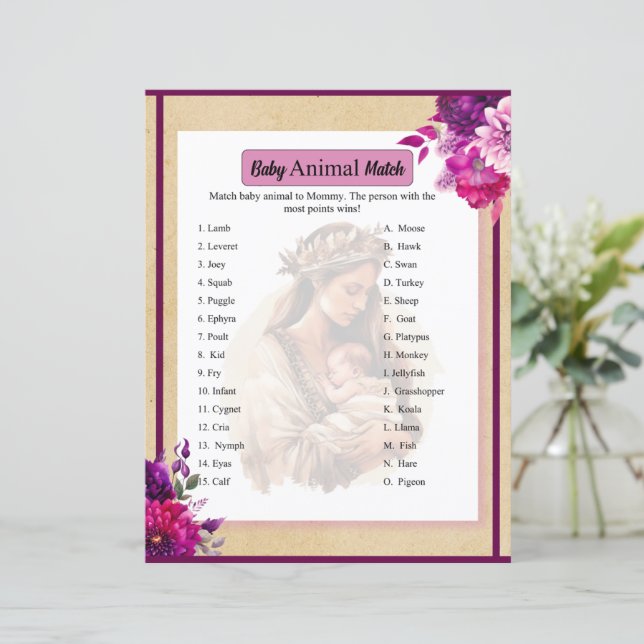 Lámina Purple Boho Baby Shower Animal Match (Anverso de pie)