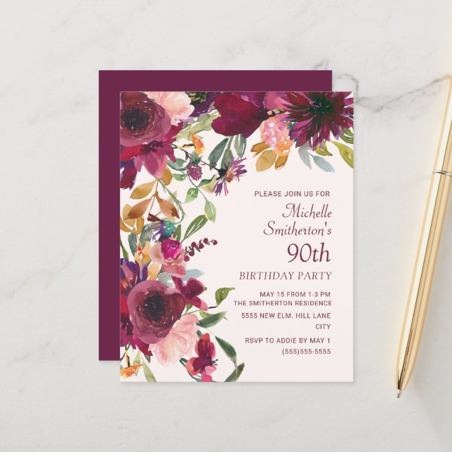 Lámina Purple Burgundy Floral 90th Birthday BUDGET (Anverso/Reverso In Situ)