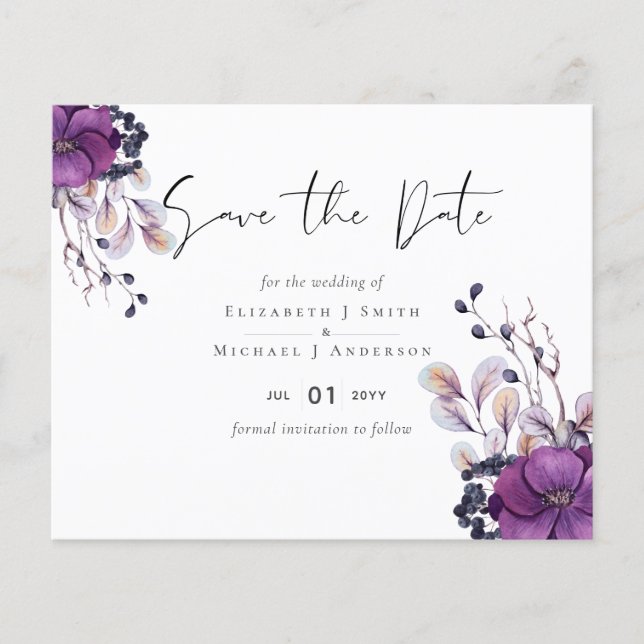Lámina Purple Dark Floral Budget Boda Salir Fechas (Anverso)