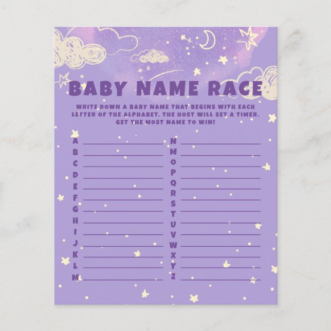 Lámina Purple Dream Baby Name Race Juego de Baby Shower (Anverso)