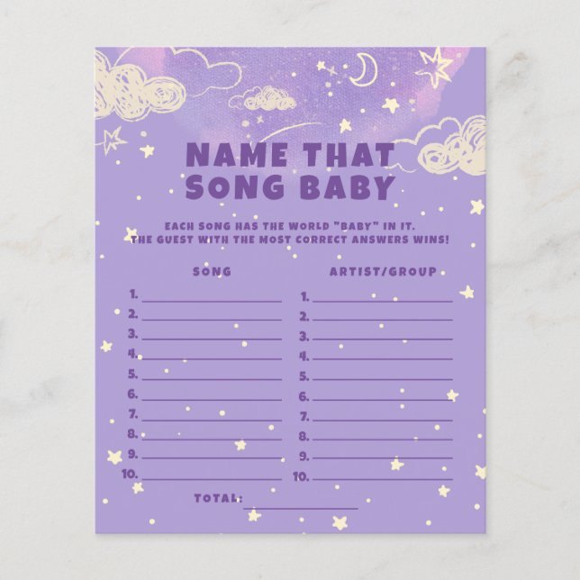 Lámina Purple Dream Name that Song Baby Shower Game (Anverso)
