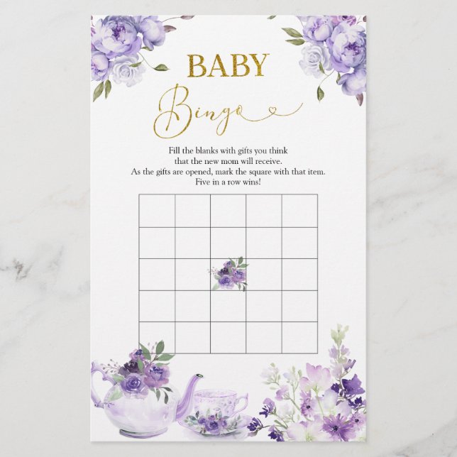 Lámina Purple Floral Bridal Shower Tea Baby Bingo Juego (Anverso)