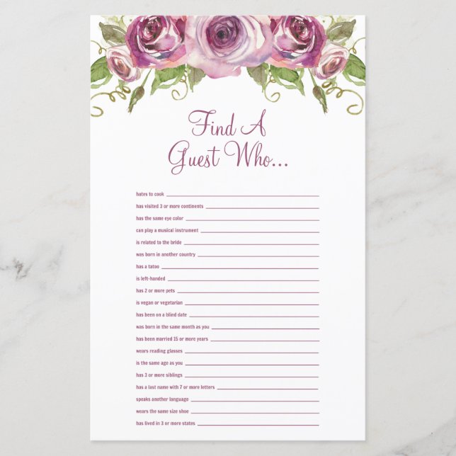 Lámina Purple Floral Find the Guest Bridal Shower Game (Anverso)