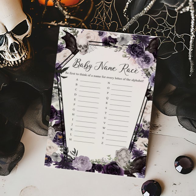 Lámina Purple Floral Gótica Nombre Race Juego (Floral Gothic Coffin Baby Shower Baby Name Race Game)