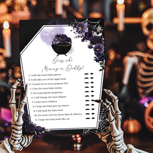 Lámina Purple Gotho Floral adivina quién es mamá o papá (Floral Gothic Invitation Guess who Mommy or Daddy Game)
