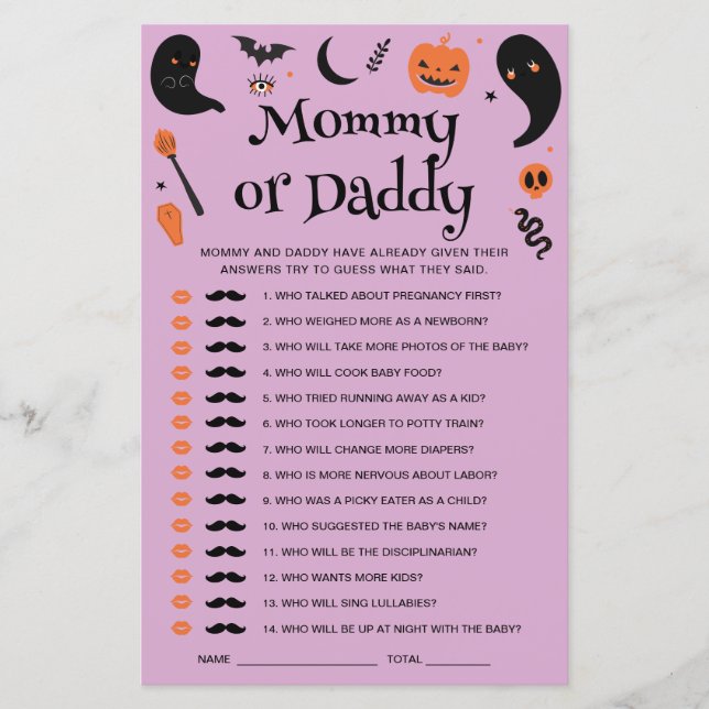 Lámina Purple Halloween Baby Shower adivina quién juega (Anverso)