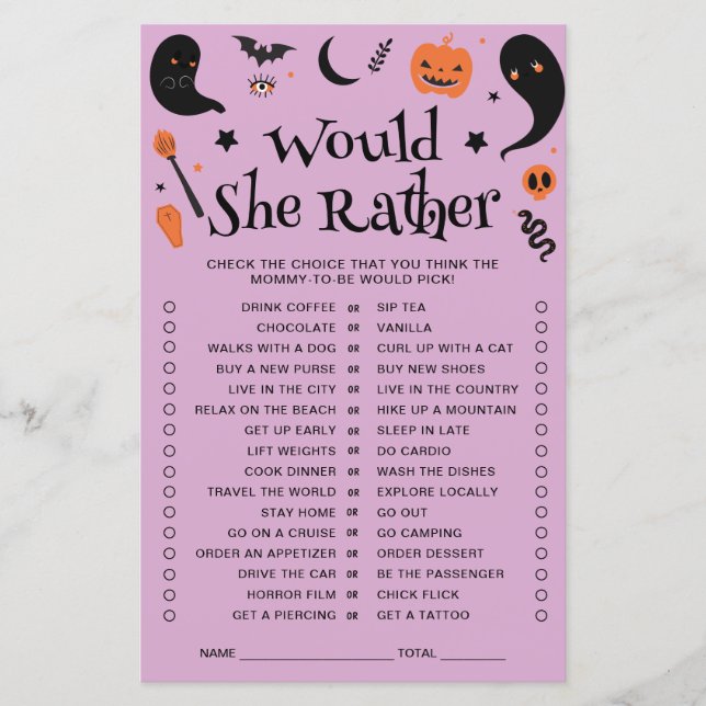 Lámina Purple Halloween Baby Shower Prefiere Jugar (Anverso)
