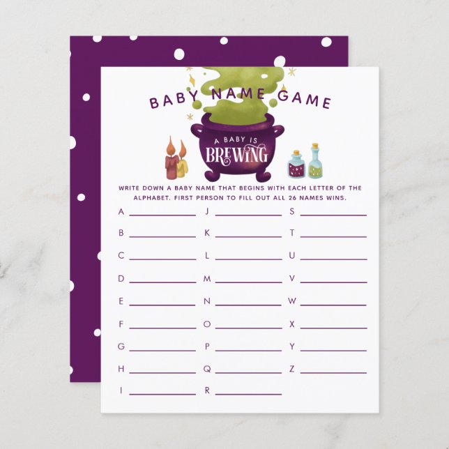 Lámina Purple Halloween Chica Baby Name Shower Game (Anverso / Reverso)