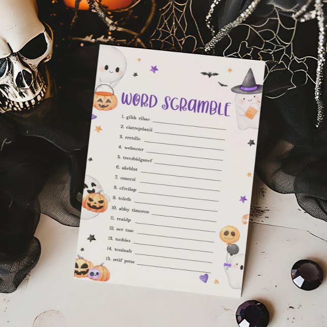 Lámina Purple Halloween Little Boo Word Scramble Game (Baby is Brewing Baby Shower Word Scramble Game)