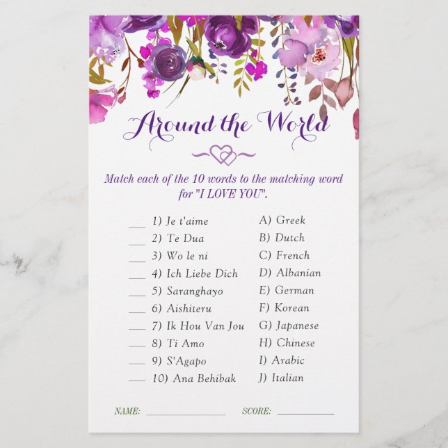Lámina Purple Peony Floral Watercolor Brilla Shower Game (Anverso)