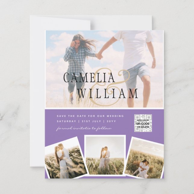 Lámina Púrpura foto Boda Invitar código QR Guardar fecha (Anverso)