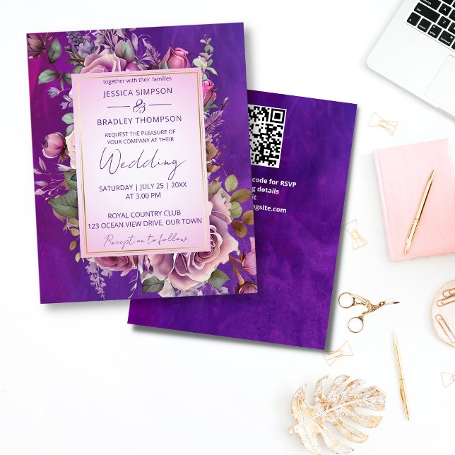 Lámina Púrpura rosa elegante invitación a boda económica (Purple pink vintage roses all in one budget wedding invitation template affordable quality invites)