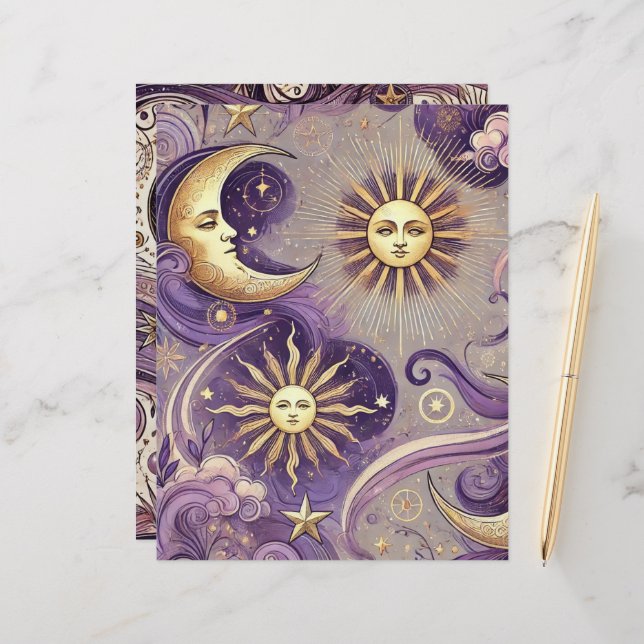 Lámina Púrpura y dorado Boho Celestial Sol y Luna Scrapbo (Anverso/Reverso In Situ)