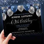 Lámina Purpurina Azul Globos Fiesta de cumpleaños número<br><div class="desc">Elegantes globos purpurinas falsos de plata y azul en el borde superior. Todo el texto es ajustable y fácil de cambiar para sus propias necesidades fiestas. Excelente elegancia guardar el diseño de la plantilla de la fiesta de cumpleaños. En cualquier año, la edad se puede cambiar. Tipografía elegante y moderna...</div>