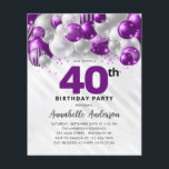 Lámina Purpurina de globo de plata púrpura 40 cumpleaños<br><div class="desc">Purpurina de globo Glam Morado Violeta Plata Salto de cualquier edad Invitación de cumpleaños</div>