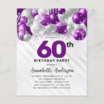 Lámina Purpurina de globo de plata púrpura 60 cumpleaños<br><div class="desc">Purpurina de globo Glam Morado Violeta Plata Salto de cualquier edad Invitación de cumpleaños</div>