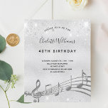 Lámina Purpurina de notas de música de plata para cumplea<br><div class="desc">Una moderna carta de invitación a la fiesta de cumpleaños número 40. Un falso fondo metálico plateado,  con notas musicales,  letras de color negro.Decorado con polvo falso purpurina. Personalice y agregue un nombre e información de fiesta.</div>