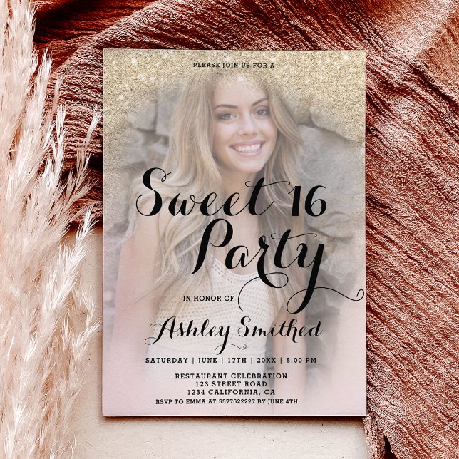 Lámina purpurina de oro claro elegante foto presupuesto S (light gold glitter elegant photo budget Sweet 16)