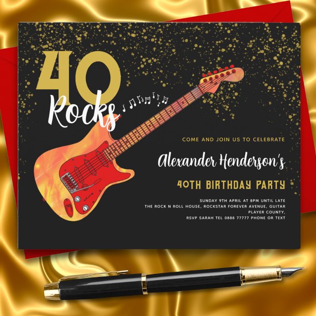 Lámina Purpurina de oro de la guitarra 40.º cumpleaños Fi (Electric Guitar 40th birthday party black and gold glitter 40 rocks budget invitation)