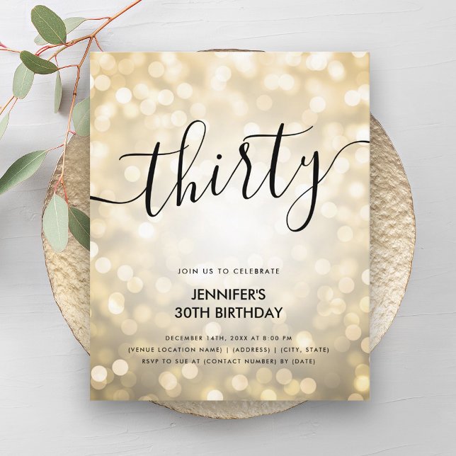 Lámina Purpurina de oro del PRESUPUESTO moderno enciende  (Modern BUDGET Gold Glitter Lights 30th Birthday )