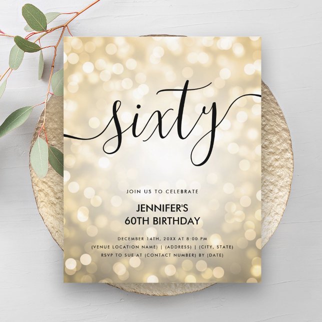 Lámina Purpurina de oro del PRESUPUESTO Moderno enciende  (Modern BUDGET Gold Glitter Lights 60th Birthday )
