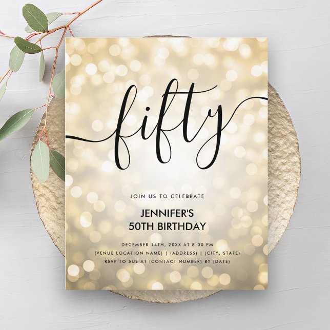 Lámina Purpurina de oro del PRESUPUESTO Moderno enciende  (Modern BUDGET Gold Glitter Lights 50th Birthday)