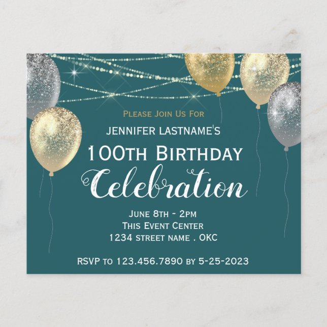 Lámina Purpurina de oro Globos 100 cumpleaños (Anverso)