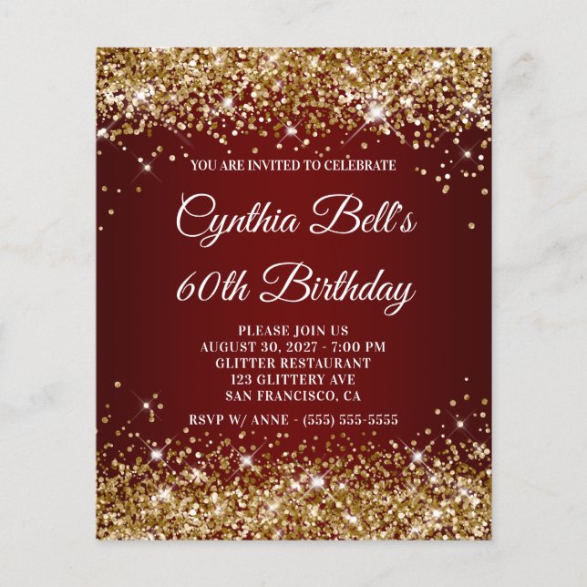 Lámina Purpurina de oro Invitación de cumpleaños 60 Ombre (Anverso)