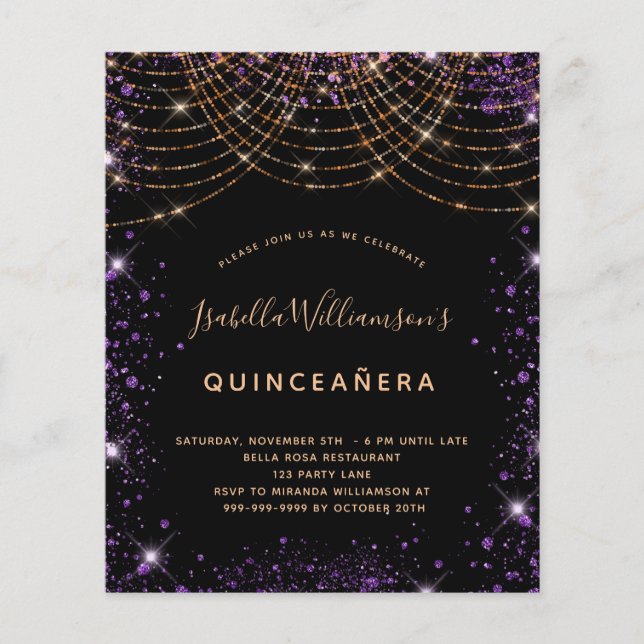 Lámina Purpurina de oro morado negro Quinceanera de presu (Anverso)