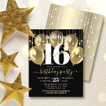 Lámina Purpurina de oro negro de presupuesto Invitan a 16<br><div class="desc">"Feliz dulce 16". Envíe esta impresionante, sencilla, festiva, moderna, personalizada invitación para una fiesta que recordar. ... Tipografía audaz, gráfica, blanca y escritura manuscrita dorada superponen globos dorados y luces de cuerda brillantes de oro en un sofisticado fondo negro. Personalice el texto del personalizado con el nombre de su hija,...</div>