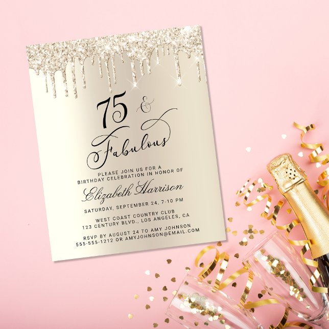 Lámina Purpurina de Oro Presupuestario Invitación a cumpl (Celebrate her 75 years of sparkle with an elegant gold glitter birthday party invitation  🎉 🎂 🥂)