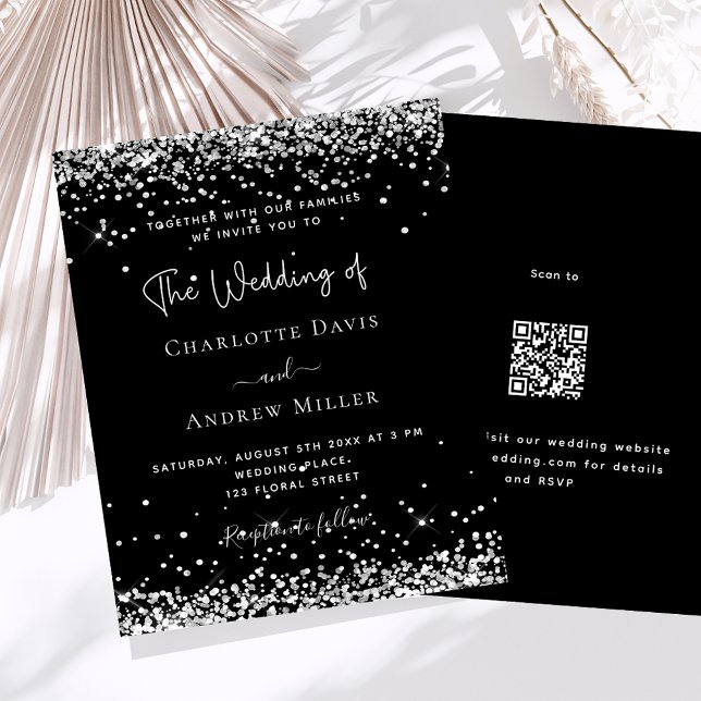 Lámina Purpurina de plata negra moderno QR RSVP boda de p (Subido por el creador)