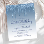 Lámina Purpurina de presupuesto Drip Blue 21st Birthday F<br><div class="desc">Esta moderna invitación a la fiesta de cumpleaños número 21 cuenta con un brillante purpurina azul turbio y un fondo azul oscuro. Las palabras "cumpleaños 21" y el nombre del invitado de honor aparecen en escritura informal azul, con el resto del texto del personalizable en azul sans serif. En el...</div>