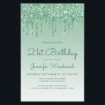 Lámina Purpurina de presupuesto Drip Green 21st Birthday<br><div class="desc">Esta moderna invitación de 21 años presenta un brillante borde de goteo purpurina verde y un fondo oscuro y verde. Las palabras "cumpleaños 21" y el nombre del invitado de honor aparecen en escritura informal de escritura a mano verde, con el resto del texto de personalizable en letra verde sans...</div>