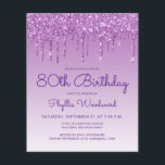 Lámina Purpurina de presupuesto Drip Purple 80th Birthday<br><div class="desc">Esta invitación a la fiesta de cumpleaños número 80 de la moda presenta un purpurina falso y morado negro brillante. Las palabras "80th Birthday" y el nombre del invitado de honor aparecen en un guión informal de escritura a mano morada, con el resto del texto del personalizable en letra sans...</div>