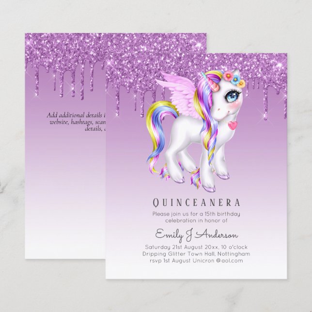 Lámina PURPURINA de Quinceanera Unicorn Anicorn Winged (Anverso / Reverso)