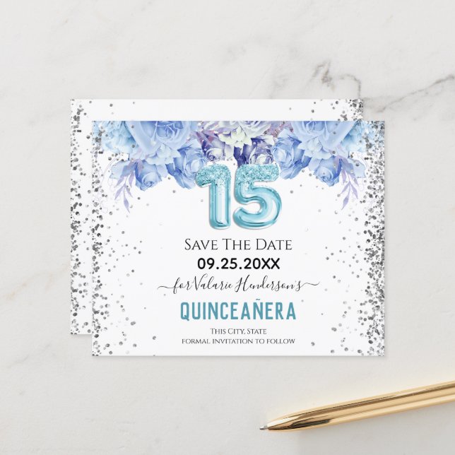 Lámina Purpurina floral Blue Quinceañera Save the Date (Anverso/Reverso In Situ)