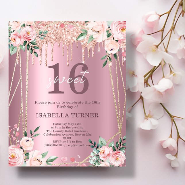 Lámina Purpurina Floral Rosa Dulce Invitación a los 16 Añ (Subido por el creador)