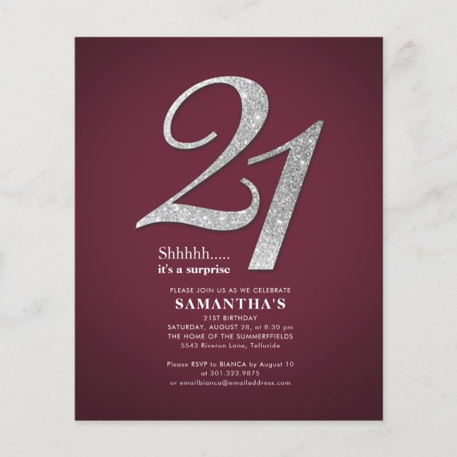 Lámina Purpurina Glam del Deslizador de Cumpleaños 21 de  (Anverso)