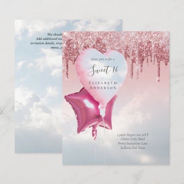 Lámina PURPURINA Glamour Girly Balloons invitan a PRESUPU (Anverso / Reverso)