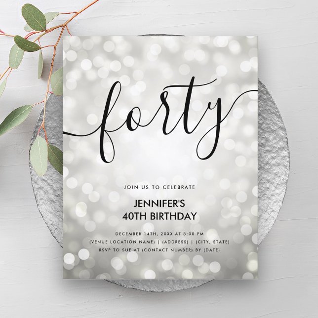 Lámina PURPURINA Plata PRESUPUESTO Ilumina 40 cumpleaños (BUDGET Silver Glitter Lights 40th Birthday )