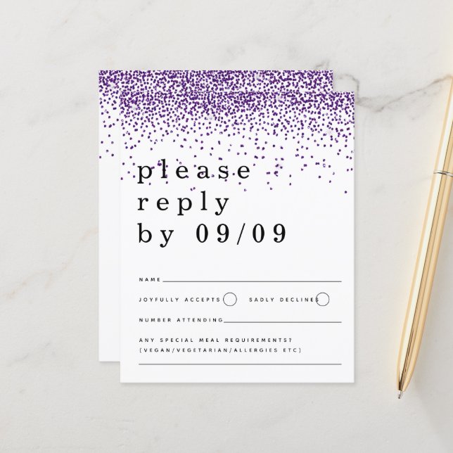 Lámina Purpurina púrpura presupuesto Boda Confetti RSVP (Anverso/Reverso In Situ)