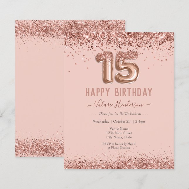 Lámina Purpurina Rosa de Rubor Feliz 15° cumpleaños (Anverso / Reverso)