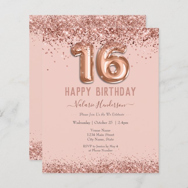 Lámina Purpurina Rosa de Rubor Feliz 16º cumpleaños (Anverso / Reverso)