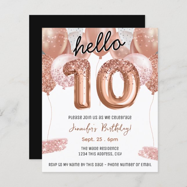 Lámina Purpurina Rosado Globos 10 cumpleaños (Anverso / Reverso)