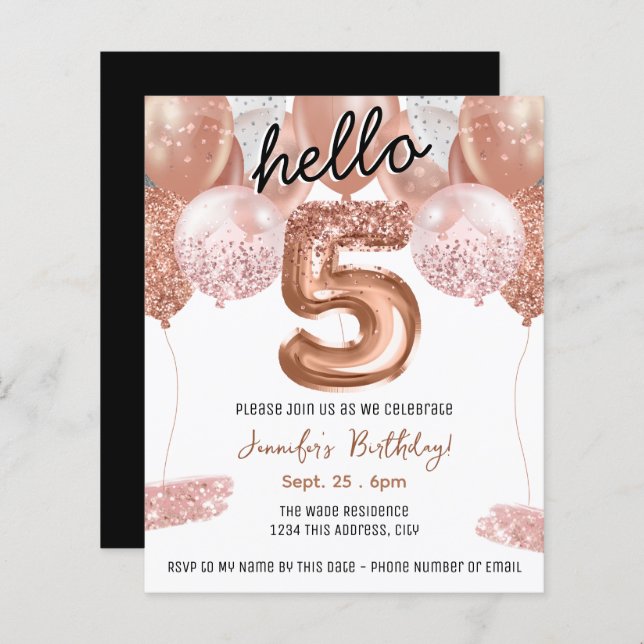 Lámina Purpurina Rosado Globos 5ª fiesta de cumpleaños (Anverso / Reverso)