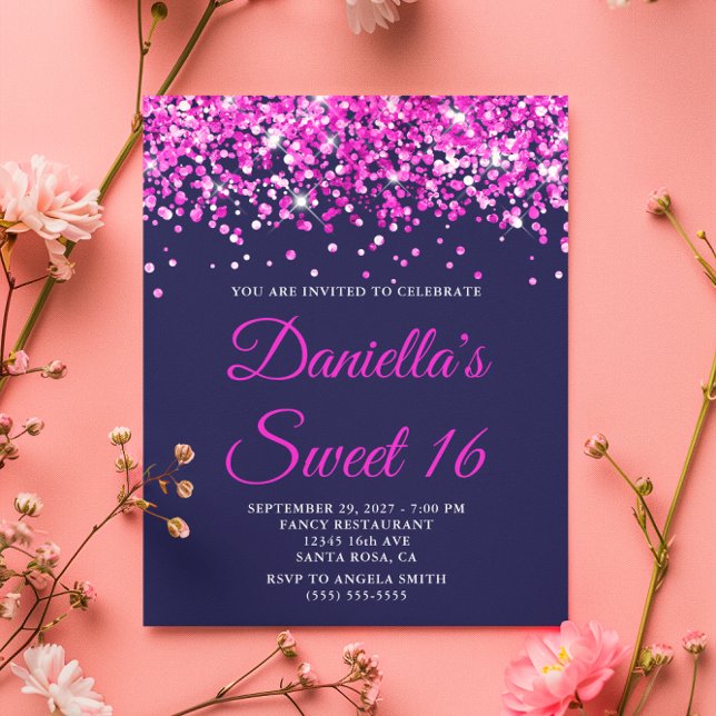 Lámina Purpurina Rosado Presupuestario  Dulce 16 Invitado (Budget Hot Pink Glitter Navy Sweet 16 Invite)